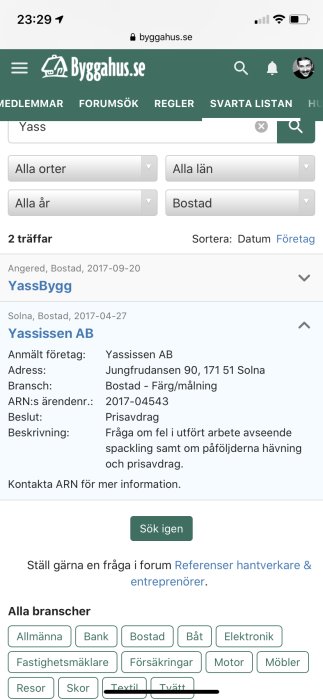 Skärmdump från Bygghus.se som visar sökresultat på en klagomålstråd med företaget Yassissen AB.
