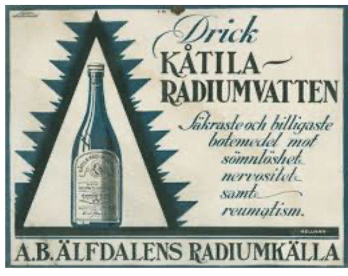 Gammal reklam för KÄTILA Radiumvatten från A.B. Älfdalens Radiumkälla, hävdar effekt mot nervositet och reumatism.