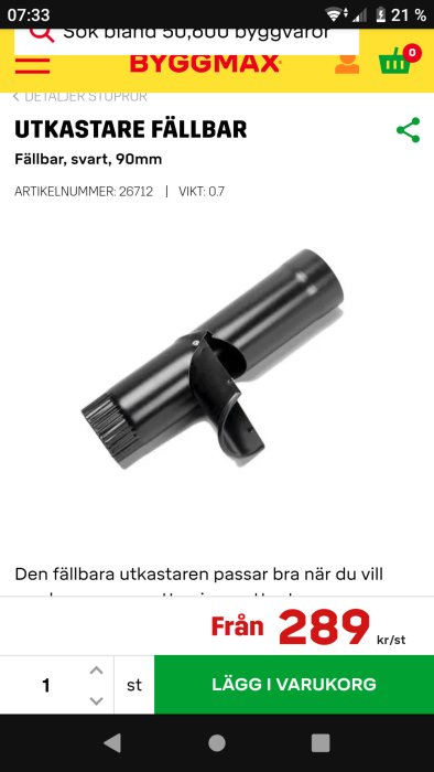 Svart fällbar utkastare på webbsida med priset och produktdetaljer.