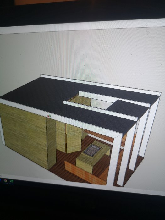 3D-modell av hus med planerad uteplats med och utan tak.