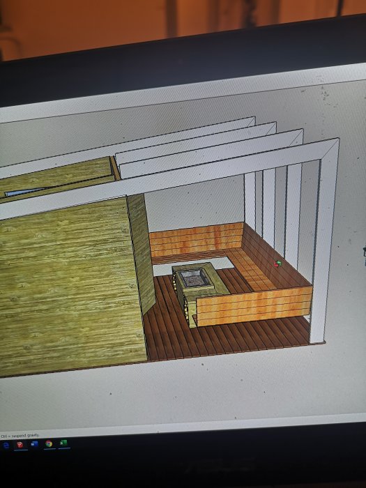 3D-modell av en uteplats med tak, inramad av skärmtak och väggar, på en datorskärm.