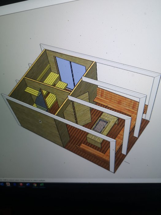 3D-datormodell av ett hus utan tak, som visar planlösning inklusive uteplats.