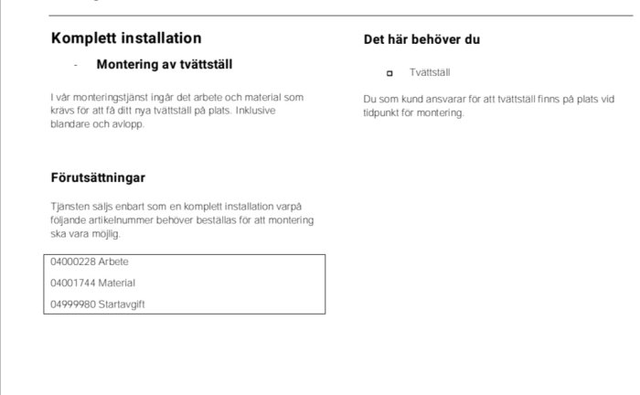 Skärmdump av tjänsten för komplett installation av tvättställ, inklusive arbete, material och startavgift.