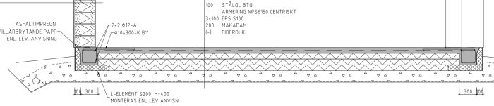 Konstruktionsritning av grund med detaljer för armering, kantbalksbyglar och sektioner av L-element.