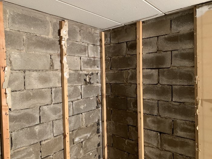 Fuktiga och delvis blöta isoleringsreglar framför en murad vägg med synligt fuktskador och mögel.