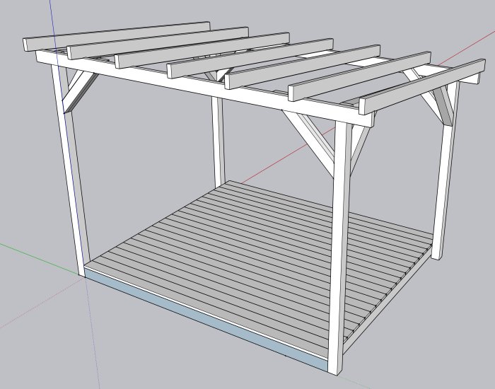CAD-ritning av en pergola med trädäck och takbjälkar för glastak, proportioner angivna.