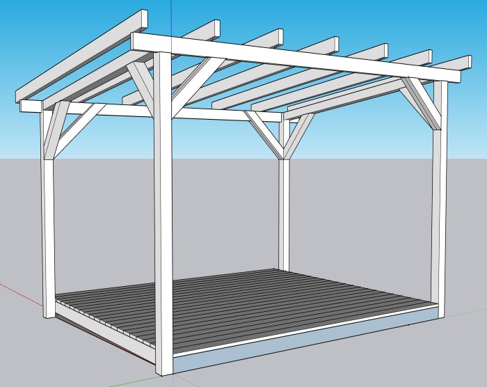 3D-ritning av en uteplats med trädäck och pergola med plats för glastak, i tryckimpregnerat trä.