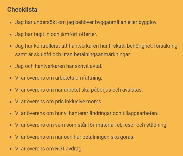 Checklista för byggprojekt med punkter om tillstånd, offerter, avtal och överenskommelser mellan kund och hantverkare.