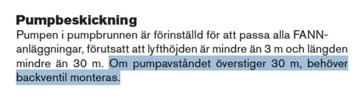 Utdrag ur manual som beskriver installationskrav för pump i pumpbrunn med lyfthöjder och längder.