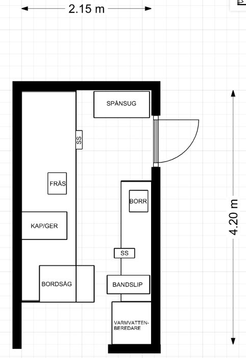 Skiss av verkstadsplan med olika verktyg som bordsåg och grovdammsugare och plats för planhyvel.