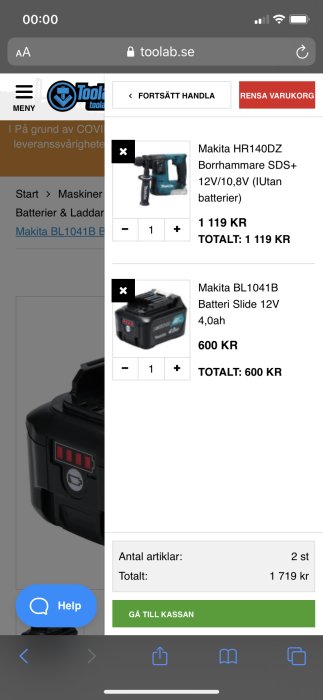 Makita borrhammare och batteri visas i en onlinebutikskorg, totalpris på 1 719 kr.