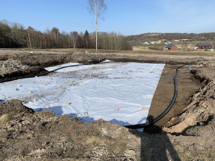 Byggarbetsplats med mark förberedd för grunden och dräneringsrör på plats.