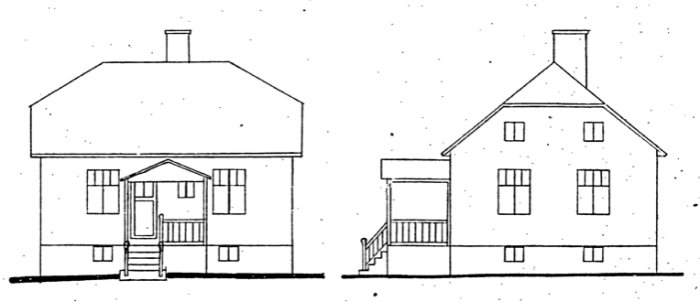 Handritade original- och tillbyggnadsritningar av ett hus från 1939 med tydliga takvinklar.