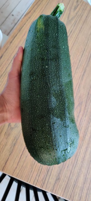 En hand håller en stor, mörkgrön squash över ett träbord.