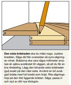 Illustration av teknik för att anpassa parkett eller klinker med hjälp av ett måttband och en såg.