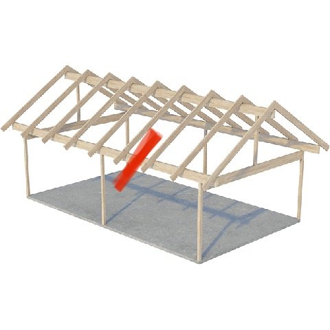 3D-modell av en träkonstruktion för en takstomme med markerad del som inte kan tas bort.