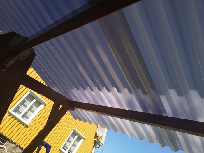 Plasttak med lutning monterat på träreglar över hammock mot gul husvägg och blå himmel.