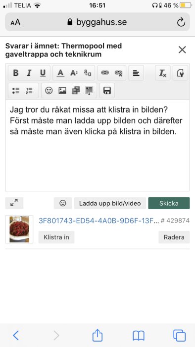 Skärmdump av en diskussionstråd på byggforum med instruktioner för att ladda upp och klistra in en bild.