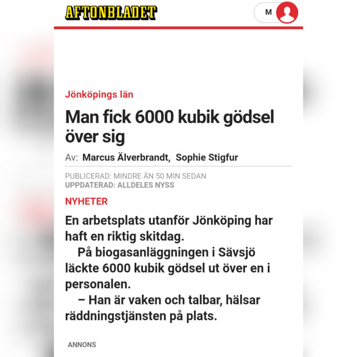 Artikel i Aftonbladet om en olycka där en person fick 6000 kubik gödsel över sig.