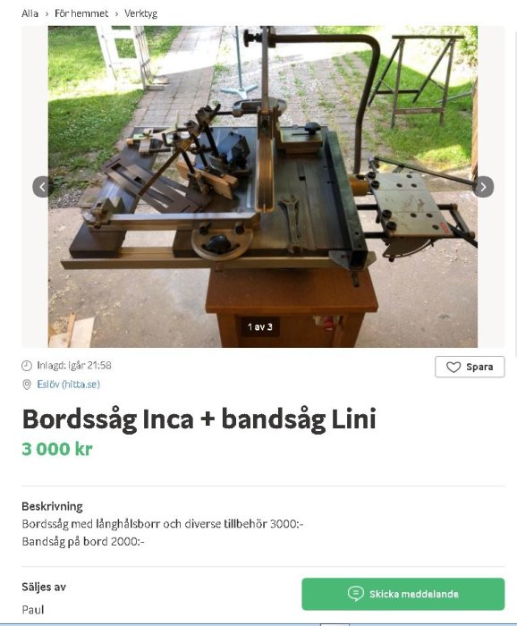 Välutrustad Inca bordsåg och liten bandsåg med tillbehör på ett arbetsbord, redo för en mindre verkstad.