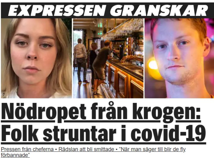 Kompilationsbild från en artikel, med en ung kvinna oroad, en bar med tre personer, och en ung man som ser bort.