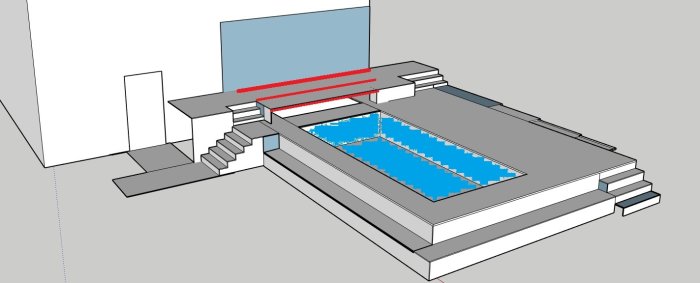 3D-skiss av ett hus med altan och inskjutbart pooltak under, markerat med röda streck för bärlinor.