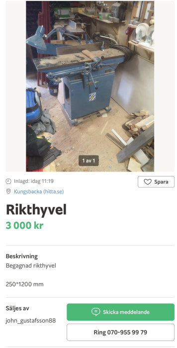 Begagnad rikthyvel i verkstadsmiljö till salu för 3000 kr