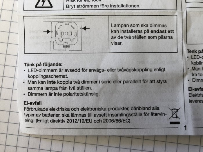 Instruktionsdiagram för installation av dimbar LED-ljusslinga med fokus på enriktad koppling och el-avfallinformation.