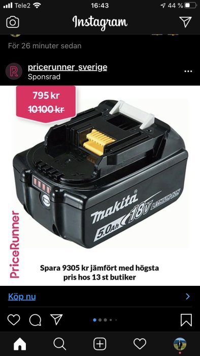 Kampanj för Makita 18V 5.0Ah batteri, prissänkt till 795kr, spara 9305kr.