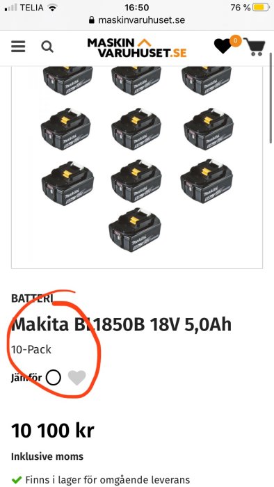 Skärmdump av Makita batteripack B1850B 18V 5,0Ah annonserat för 10100 kr på webbsidan.