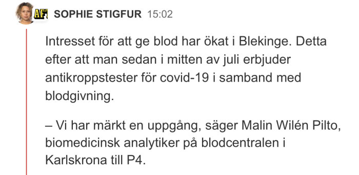 Skärmdump av ett foruminlägg om ökat intresse för blodgivning i Blekinge med erbjudande om antikroppstest.