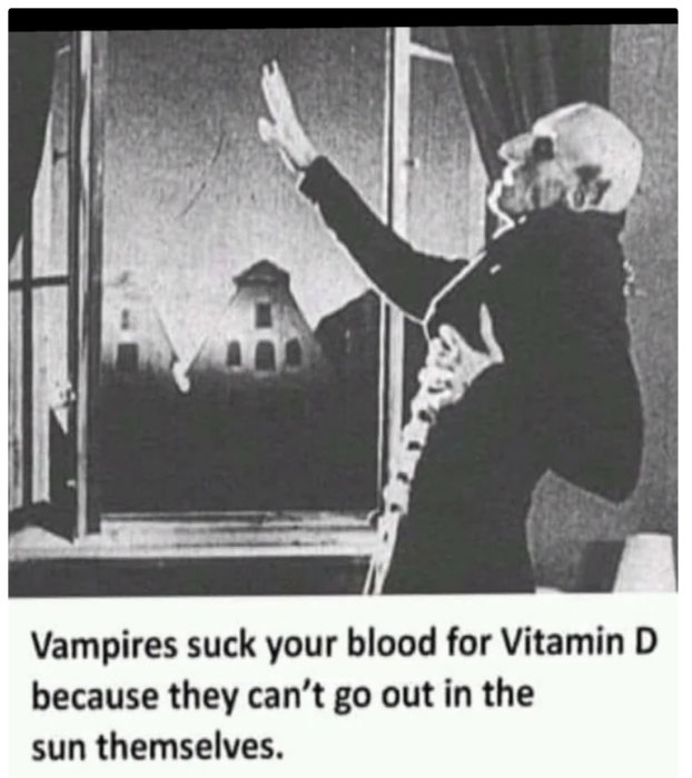 Grafisk bild av Nosferatu-lik vampyr som sträcker sig mot ett öppet fönster, med text om vitamin D.