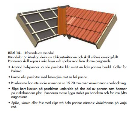 Illustration av takkonstruktion med råndalsarbete, halvpannor och instruktionstext om korrekt läggning.