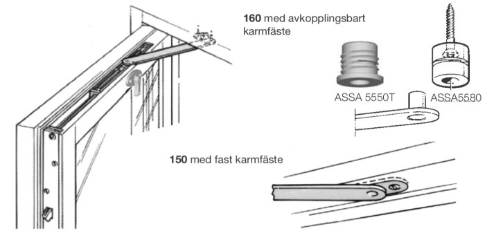 Illustration av karmfästen och deras komponenter för dörrinstallation.