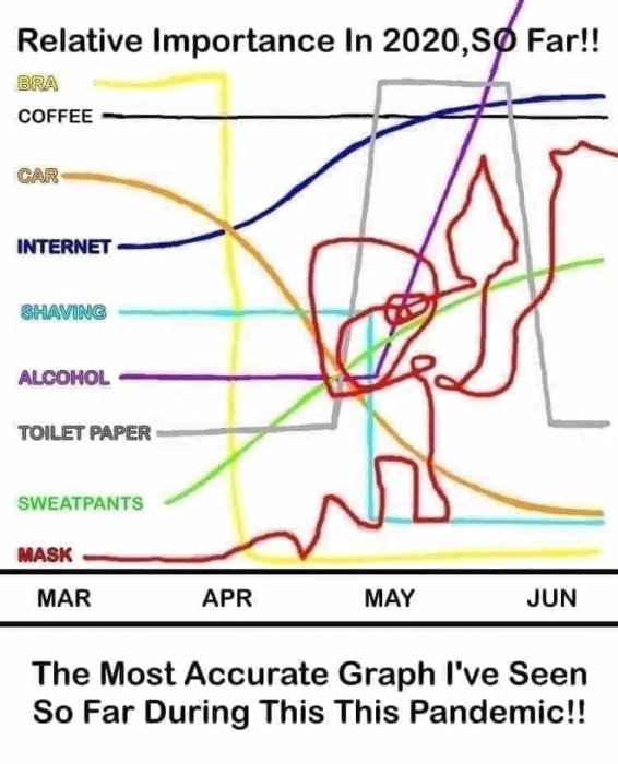 Satirisk graf som visar den relativa vikten av olika begrepp under 2020 med en ökad vikt för masker.