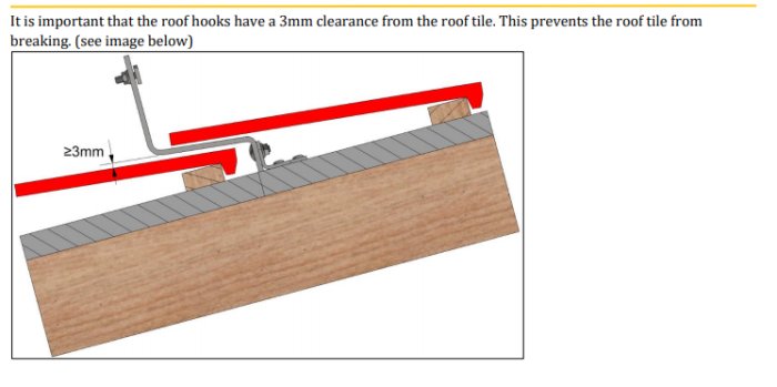 Schematisk bild som visar montering av takkrok för solceller med 3 mm distans från takpannan för att undvika skador.