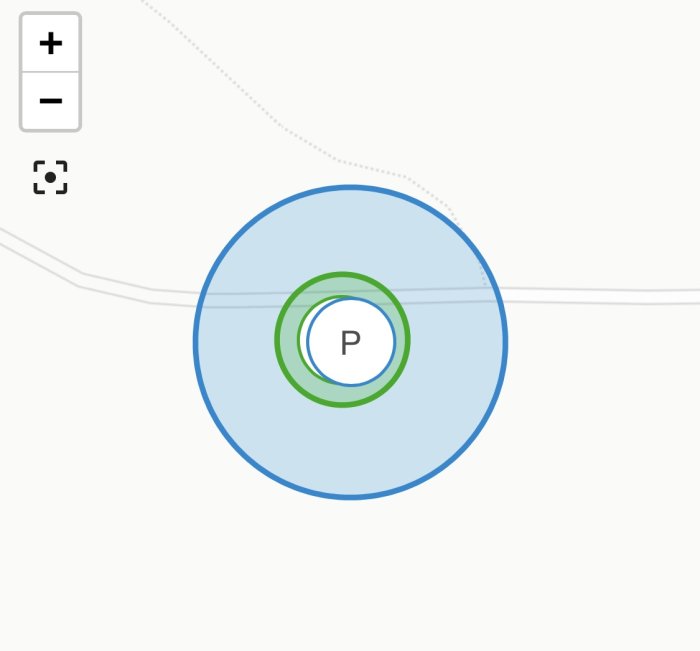 Karta med positionsindikator markerad "P" inom en stor blå osäker cirkel och en mindre grön cirkel.