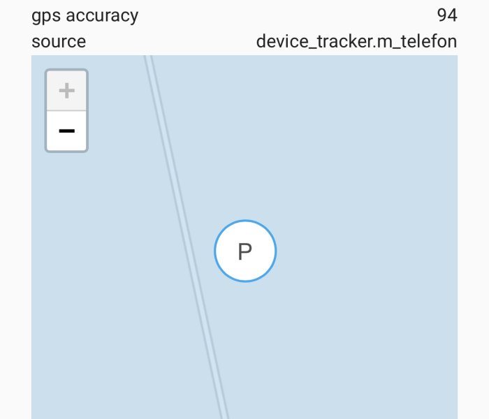 Skärmdump av karta med positionsmarkör 'P' som visar GPS noggrannheten för en iPhone 11 Pro.