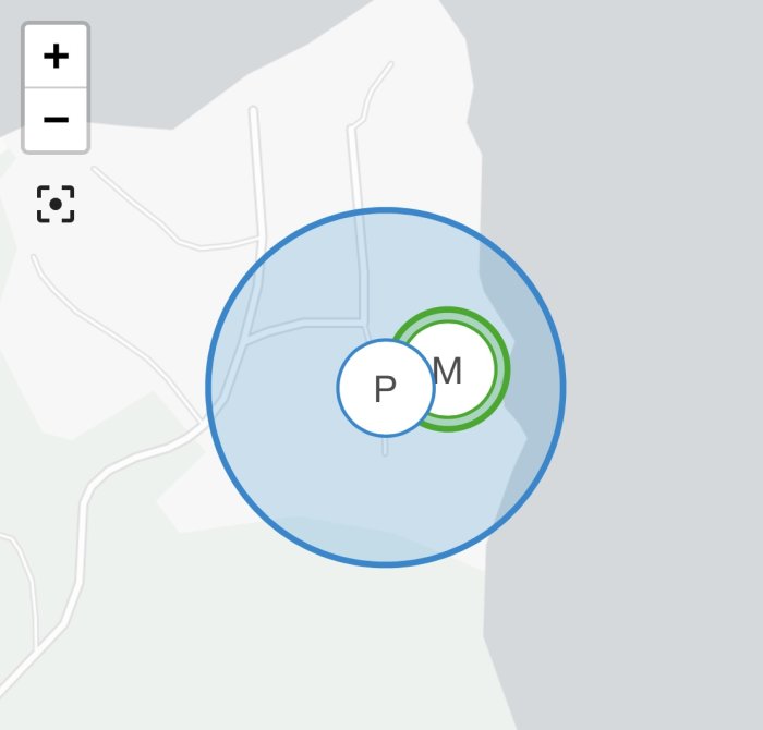 Karta med positionsmarkeringar för två telefoner och en blå cirkel som visar osäkerhetsområde.