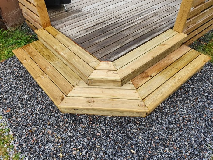 Hörn av en trätrall med anpassade steg som leder ner till en grusbelagd mark.