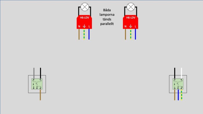 Korrekt kopplingsschema för lampor med märkningen N, L och jord, och texten "Båda lamporna tänds parallellt".
