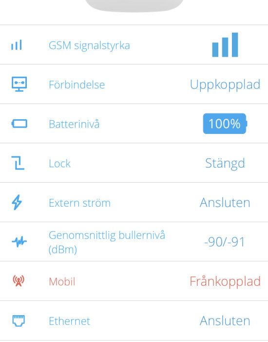 Skärmdump av nätverksinställningar visar GSM-signalstyrka, uppkoppling och batterinivå.