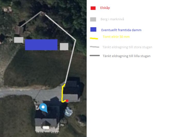 Översiktskarta med markerade tänkta eldragningar till stugor, befintliga byggnader och planerad damm på en fastighet.