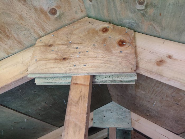 Oisolerad träkonstruktion med plywood och reglar som visar svarta prickar, troligen mögel, i ett garage.