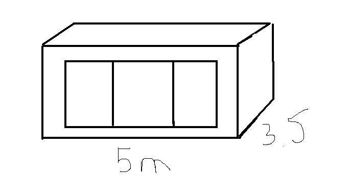 Enkel ritning av en vedeldad bastu med stort fönster, dimensioner markerade som 5 meter och 3,5 meter.