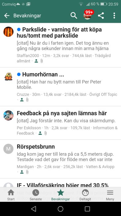 Skärmdump av ett forum med listan över bevakade trådar som innehåller rubriker och forumkategorier.