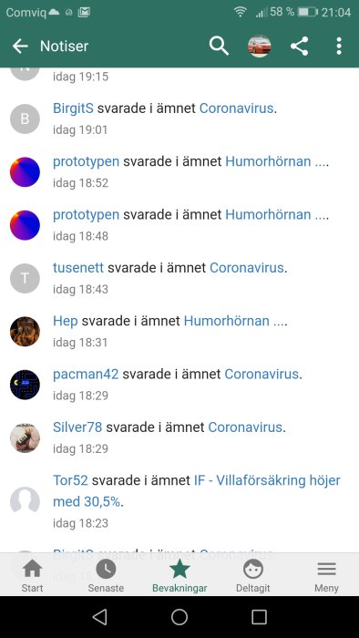 Skärmdump av ett diskussionsforum som visar en notislista med användarnamn och ämnen de svarat på.