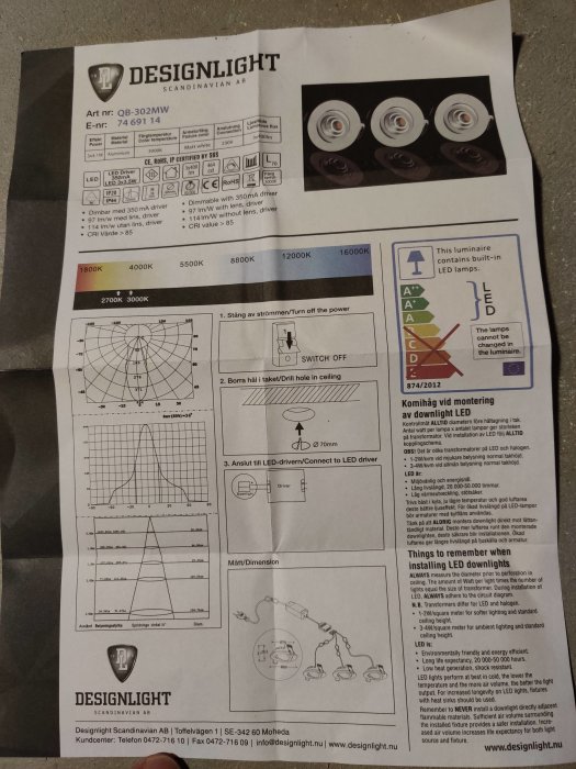 Informationsblad för DESIGNLIGHT LED Driver med specifikationer, installationsinstruktioner och en bild på tre LED-spotlights.