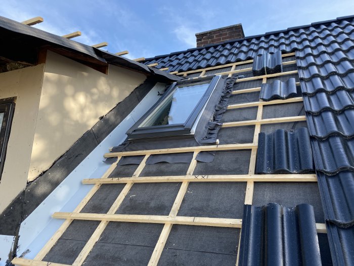 Nyinstallerat takfönster i en halvfärdig takkonstruktion med öppna spikläkter och underlagspapp på en byggarbetsplats.