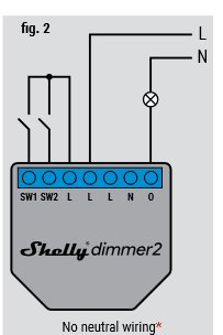 Elektrisk kopplingsschema för Shelly Dimmer 2 utan nolledning, med markeringar för svart och orange kabel.